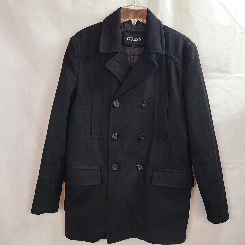Guess Women's (M) Black Wool Blend Double Breasted Quilt Lined Mid-Length Coat